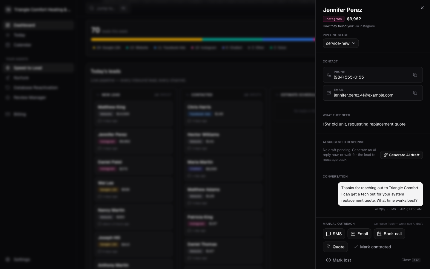 A lead inside AgentSurge showing the AI-drafted reply, the live text conversation with the customer, and the source the lead came from.