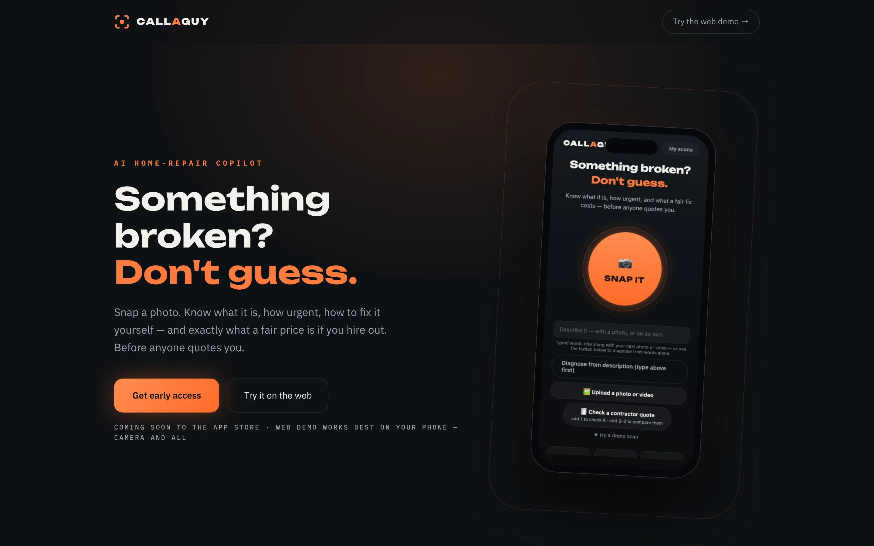Homepage of CallAGuy, an AI home repair diagnosis app