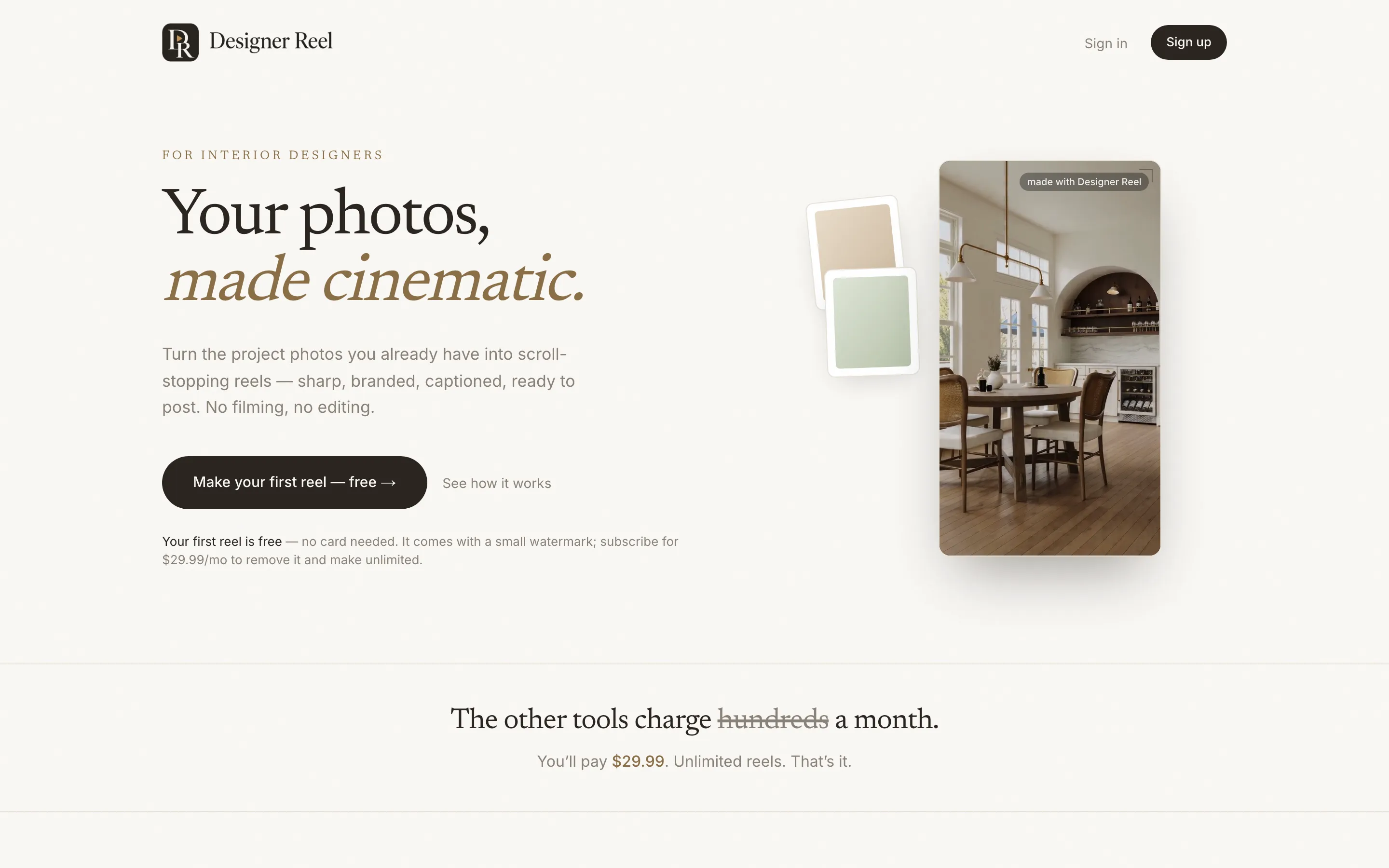 Homepage of Designer Reel, a reel-making tool for interior designers